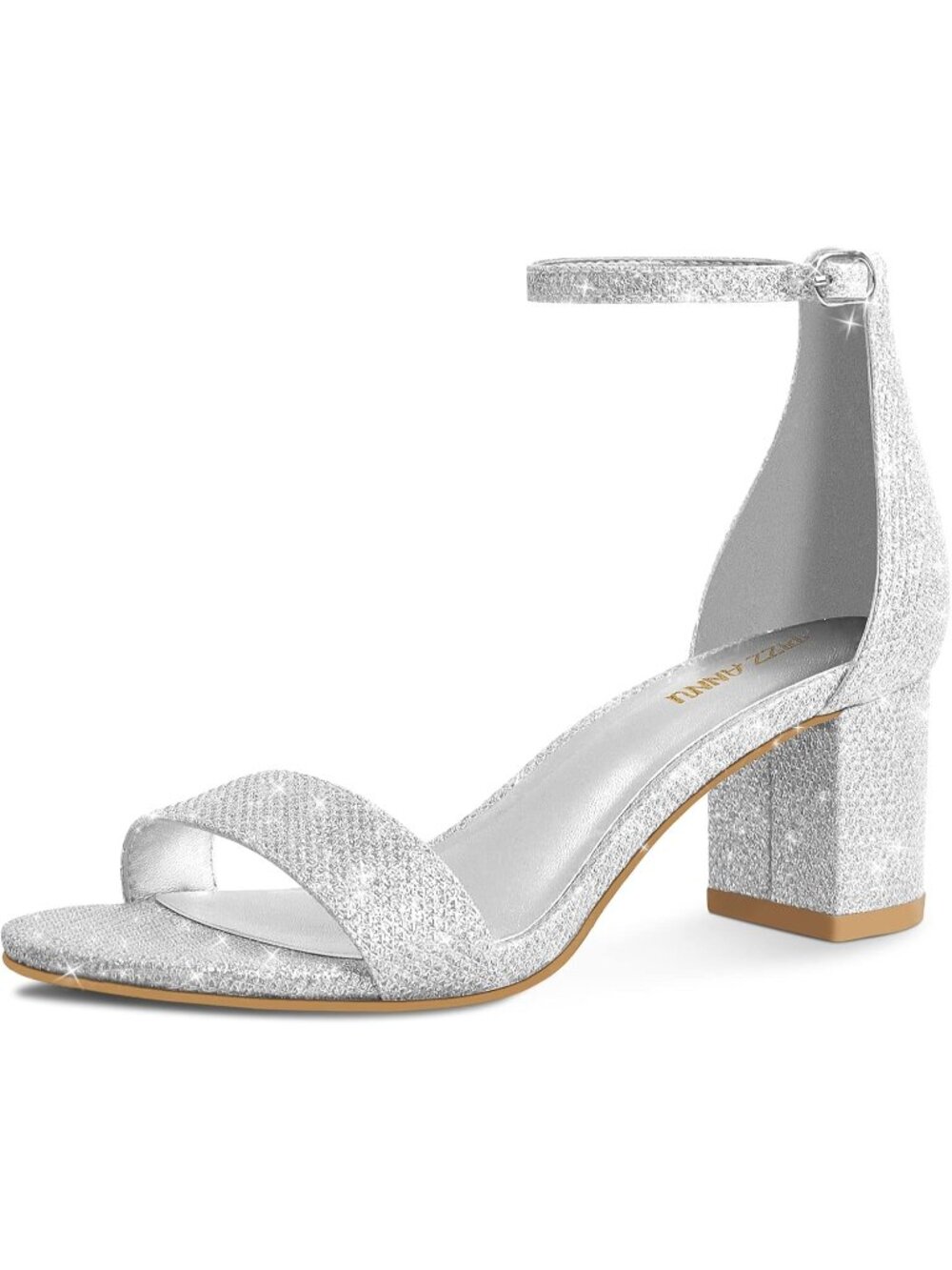 Women's Silver Glitter Low Block Chunky Heels Comfortable Open Toe Ankle Strap